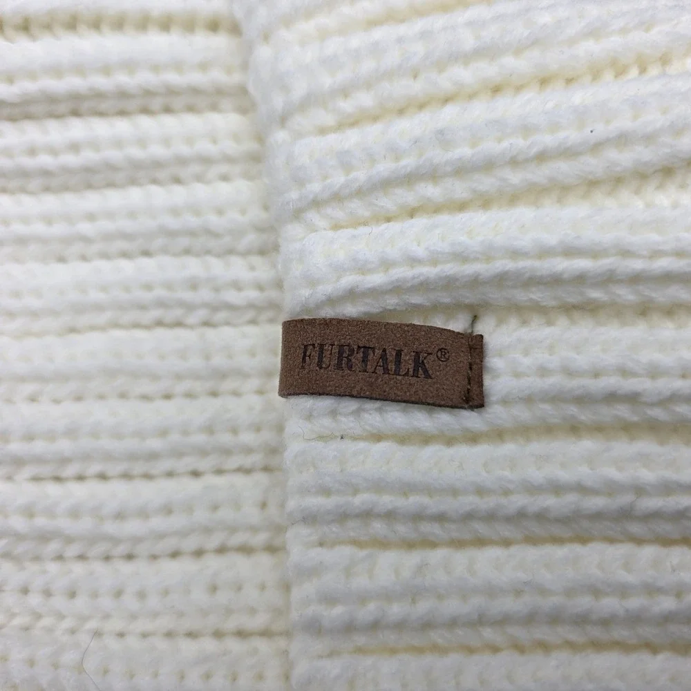 FURTALK Women Cream White Cable Knit Beanie Faux Fur Pom Pom Winter Hat